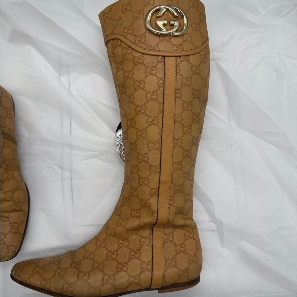 Gucci Tan GG Monogram Over-the-Knee Boot with Gold Logo